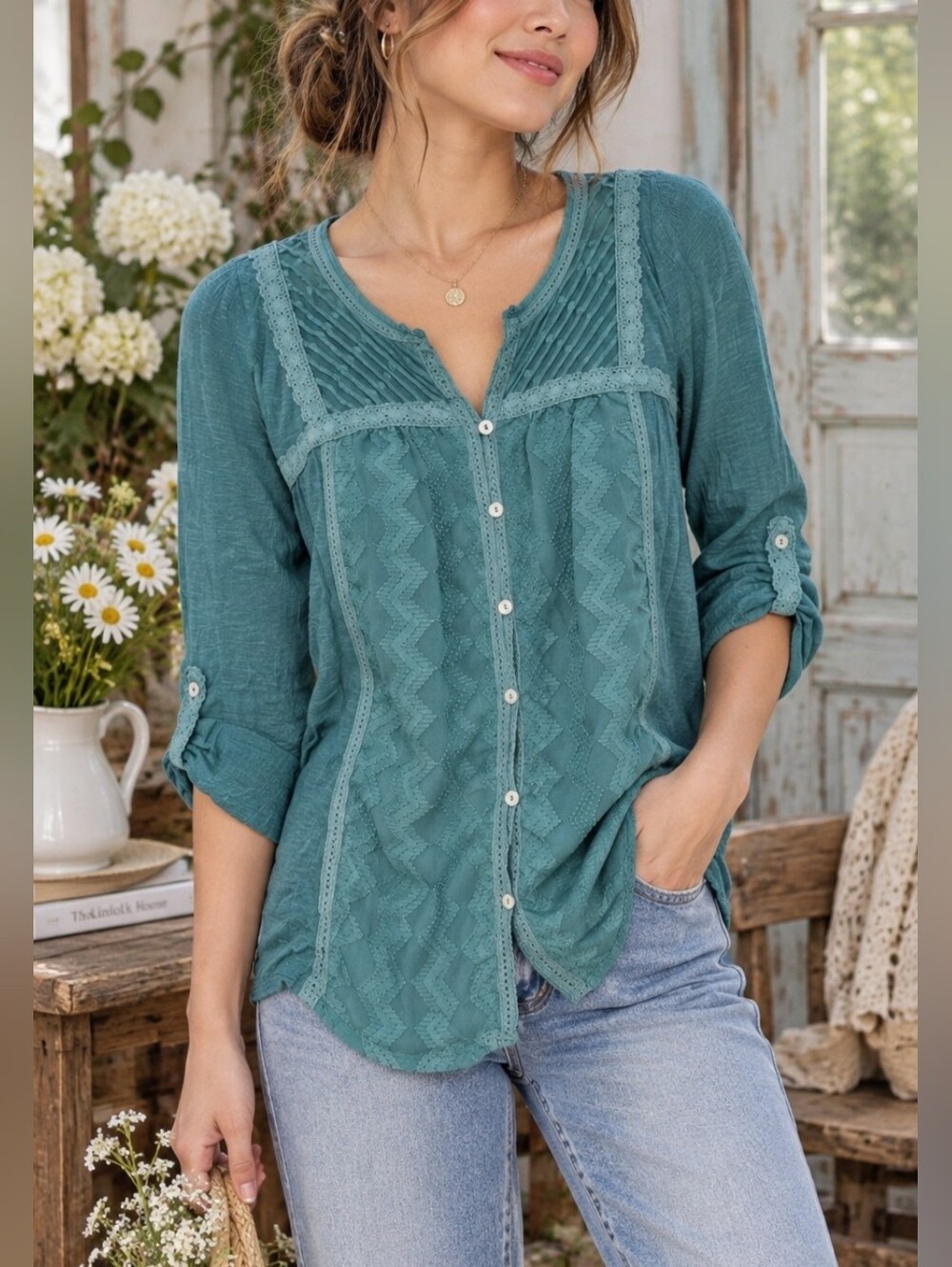 Anthropologie Meadow Rue Boho Lace-Trim Button-Down Blouse size XS